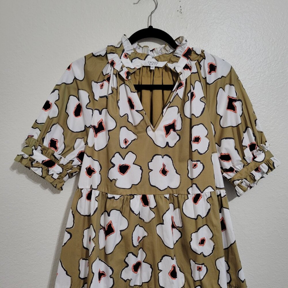 Crosby Isabelle Green Yellow Floral Print Puff Sleeve Tiered Mini Dress Size XS - Picture 3 of 8